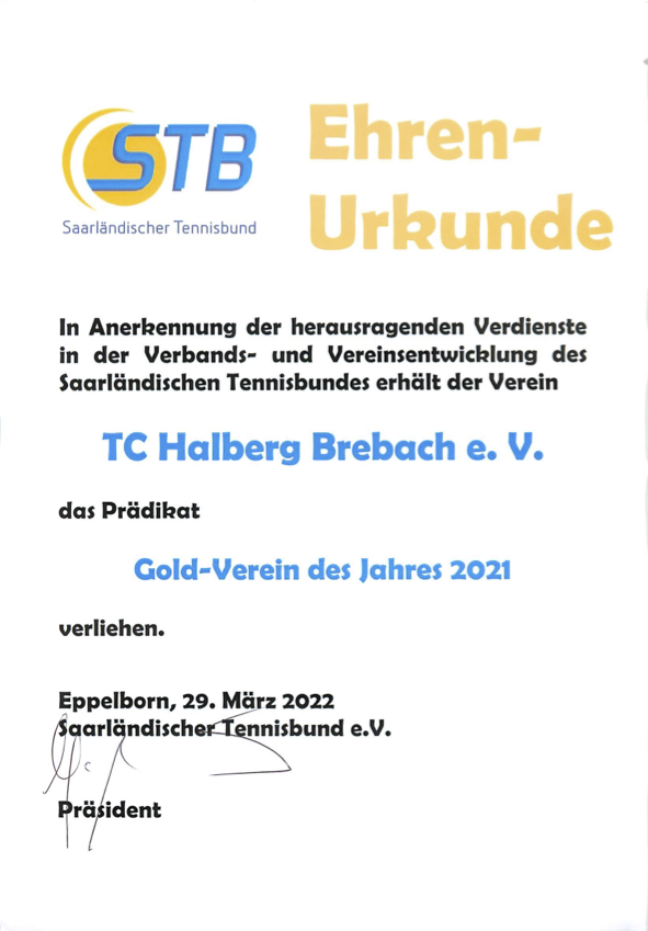 Ehrenurkunde zur Auszeichung des TC Halberg Brebach als "Gold-Verein des Jahres 2021"
